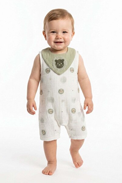 dinamik çocuk Baby boy muslin romper summer strappy cotton lion embroidered p...