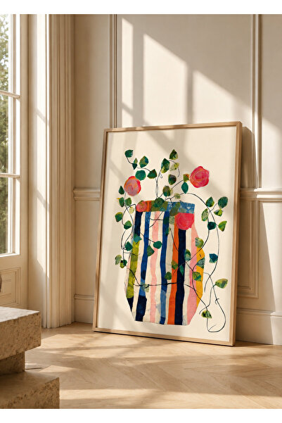 Boho wellness studio Ahşap Çerçeveli Çizgili Vazo Çiçek Poster Tablo | Modern...