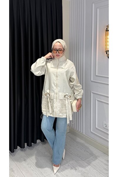 Jupe Kadın Fiyonk Cepli Dantel Detaylı Oversize Kap 9307