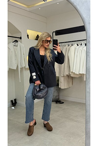 liya butik Lacivert Çizgili Tasarım Ceket