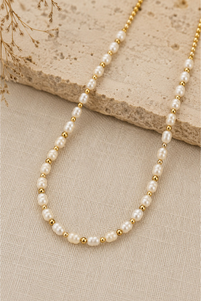 RHA Stones Gerçek Arpa İnci 3x4 mm Hematit Taşlı Kolye