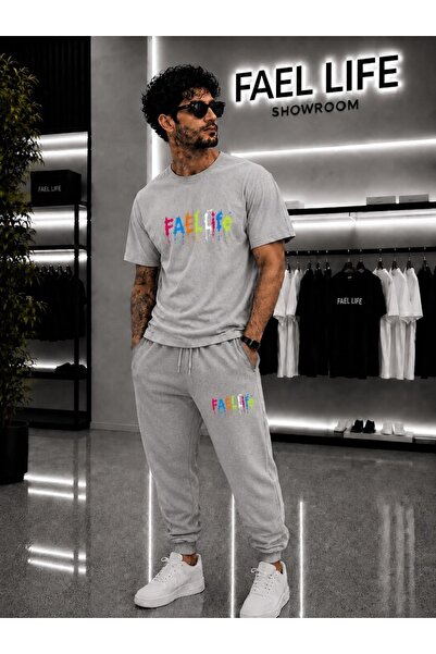 FAEL LİFE Unisex Wide-Let T-Shirt and Sweatpants Colorful Feal Life Printed Set