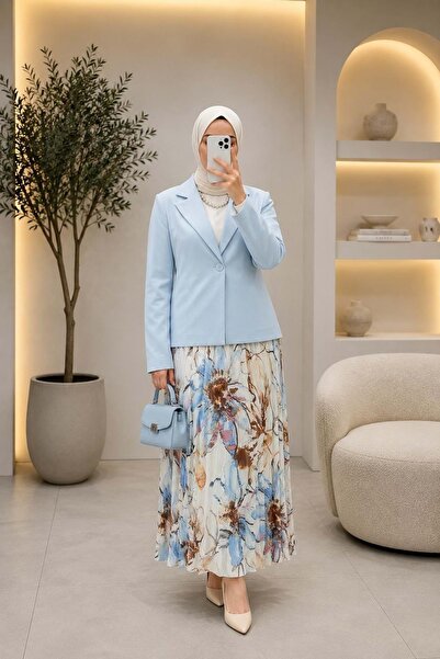 Aynaz 26Y120464 TAKIM CEKET ETEK ETEĞİ ŞİFON ÇİÇEK DESENLİ MAVİ