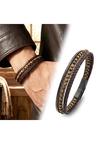 OGHAMAY Multi-Layer Braided Leather with Tiger's Eye Stone, Steel Men's Brace...