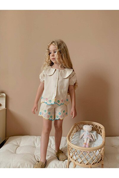 YİGİT BUTİK Yi̇ği̇t Buti̇k Girl's Gabardine Shorts Set with Baby Collar Embro...