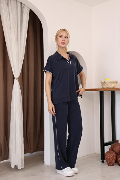 Mersella Aveline Polo Collar Women's Set Short Sleeve Relaxed Fit Wide Leg Bo...