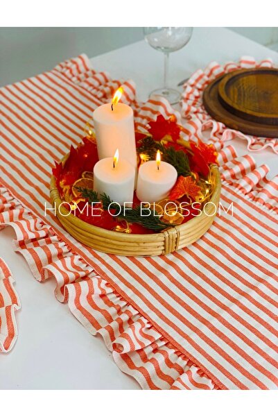 HOME OF BLOSSOM مفرش طاولة مخطط باللون البرتقالي مع كشكشة 40x120 سم