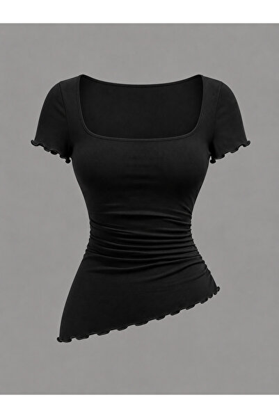 good flowers Women's Square Collar Ribbed Look Blouse
