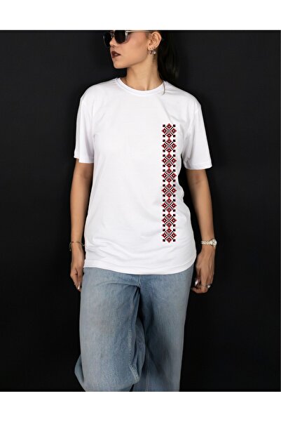 Krays Unisex Vertical Stripe Carpet Pattern T-Shirt Ethnic Geometric Embroide...