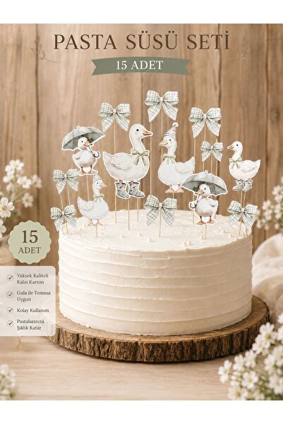 Yeşil Kurdeleli Ördek Pasta Süsü, Ördek Pasta Süsü, Fiyonk Pasta Süsü, Ördek Cupcake Süsü, Caketopper