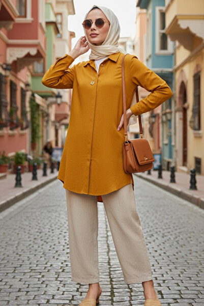 Moda Mistik Willow Boyfriend Tesettür Gömlek Hardal Sarı
