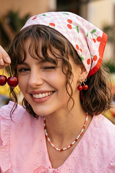 InStyle Φουλάρι Μπαντάνα με Σχέδιο Κεράσια σε Πούδρα-Κόκκινο 50x50