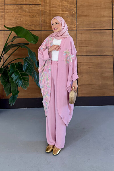 Miss Allos Women's Tulle Floral Embroidered Bat Sleeve Linen Suit
