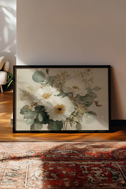 Zestia Pictură murală orizontală vintage, buchet de flori de bujor alb, înrăm...