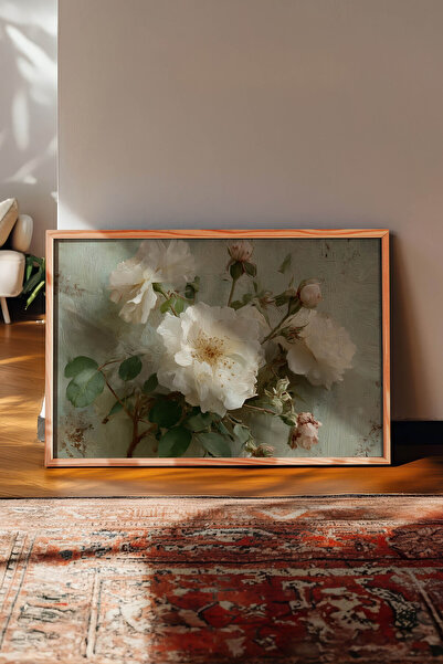 Zestia Vintage Horizontal Wall Art, Green Background White Rose, Wooden Frame...