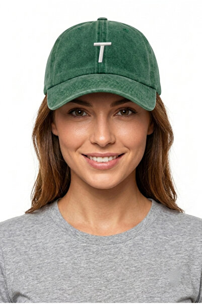 ŞapkaMania Dark Green Embroidered Washable Vintage Unisex Hat with Letter t