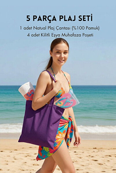 Bimotif 5 parça Plaj Seti, Mor Plaj Çantası (36x39 cm, %100 Pamuk) ve 4 adet ...