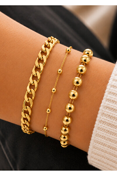 Merand Women's Gold Color 3-Piece Bracelet Set with Chain and Ball Detail, St...