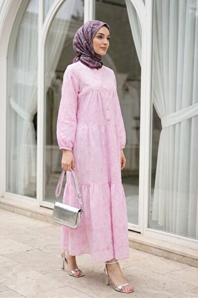 Modamorfo Elastic Sleeves, Half Buttoned, Jacquard Printed, Parted Dress - Po...