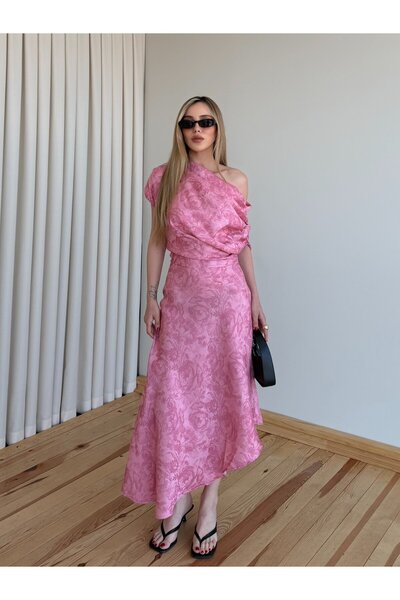 Laluvia Pink One-Shoulder Asymmetrical Floral Dress - 205385