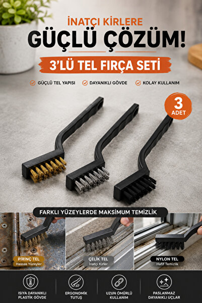 Binbirreyon Triple Wire Brush Set Copper Steel Nylon Brush Set 17,5cm Af502