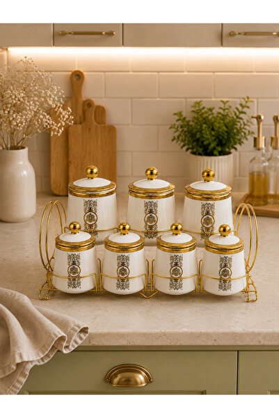 CEZVE HOME Gold Patterned Porcelain Spice Set 7-Piece Set Storage Jar with Me...