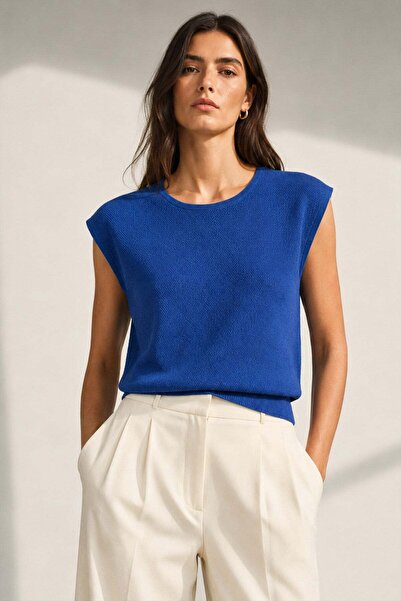Ferraro Saks Blue Back Slit Detailed Crew Neck 100% Cotton Women's Knitwear B...