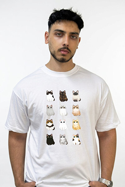 Anetos تي شيرت أبيض كبير الحجم مطبوع بتصميم Kawaii Cats