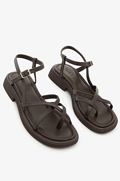 SAYL Brown Genuine Leather Cross-Strapped Short Heeled Women's Sandals