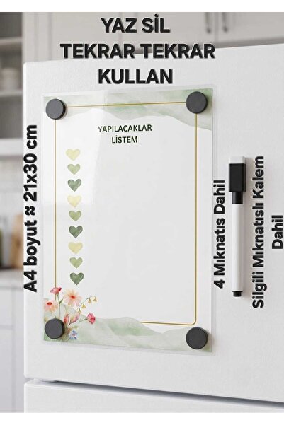 URDE Yaz Sil Mıknatıslı Yapılacaklar Listesi Magnet A4 Çiçekli Kalpli To Do L...