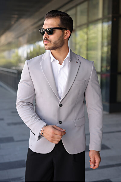 SABRİ ZENGİN Men's Light Gray Slim Fit Double Button Blazer Jacket