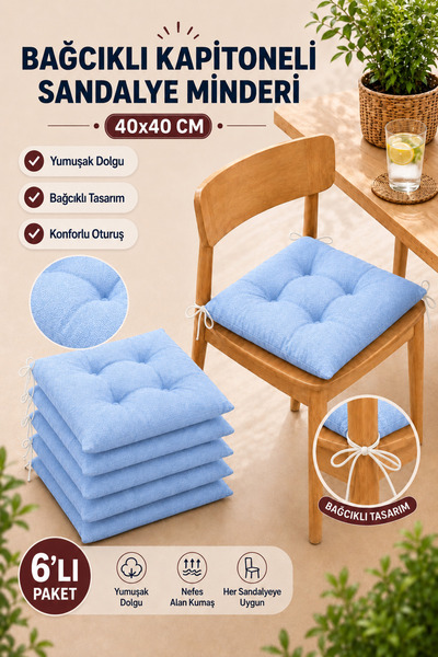 TOPCORN Altılı Set 40x40 Bağcıklı Kapitoneli Yumuşak Dolgulu Sandalye Minderi...