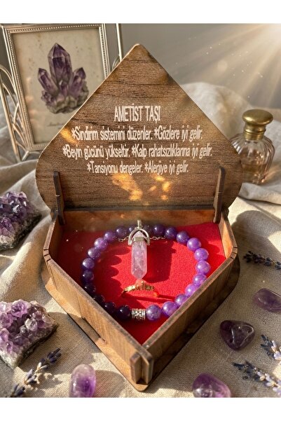 Meneva Aksesuar Ametist Natural Stone Necklace, Bracelet and Ring Special Gif...