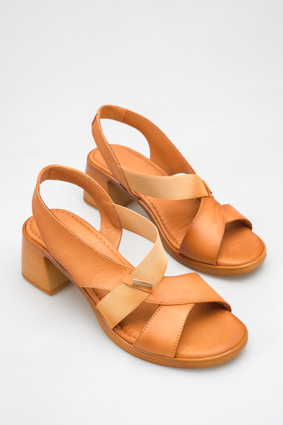 Generic Brand Women's Tan Genuine Leather Cross-Strap Detailed Heeled Daily C...