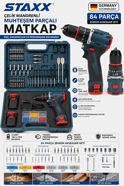 STAXX POWER 84 Parça Çelik Mandrenli Brushless Şarjlı Matkap Seti 18V x2 Çift...