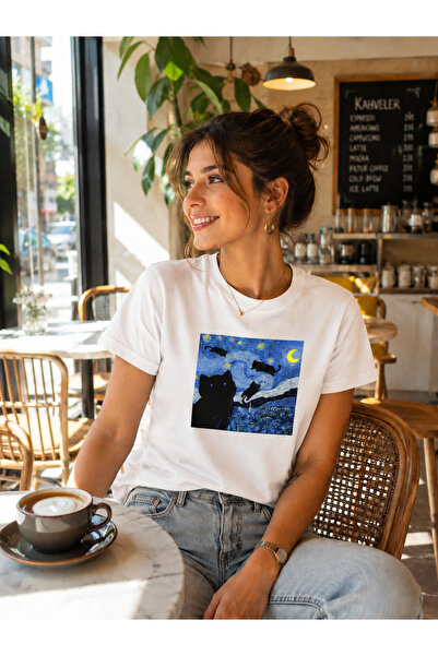 Harmandar Μπλουζάκι Unisex με στάμπα Starry Night Cat – Σχέδιο Unisex Street ...