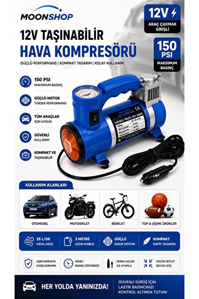 MOONSHOP 12V Araç Hava Kompresörü 150 PSI Taşınabilir Lastik Şişirme Pompası ...