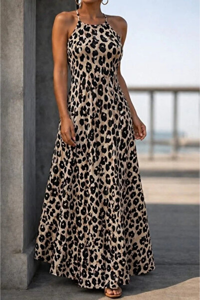 USLUCAN ALIŞVERİŞ Women's Patterned Long Single Jersey Dress with Open Should...