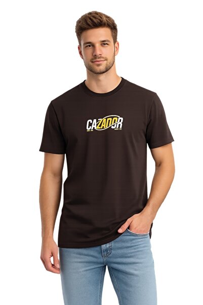Cazador تي شيرت رجالي من القطن برقبة دائرية باللون البني