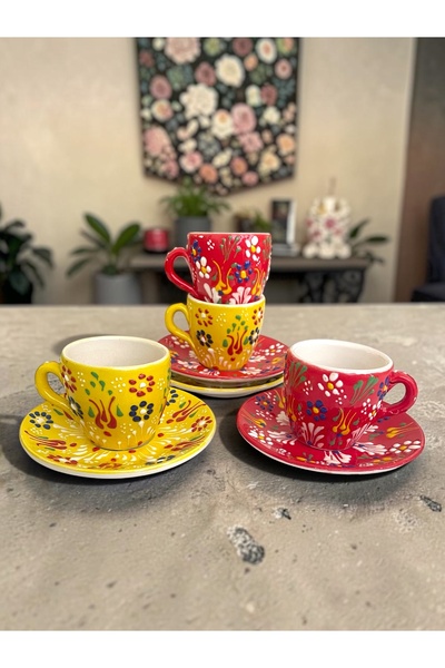 Artistic Quality Decorative 4-Person Tulip Design Fully Handmade Coffee Cup Set