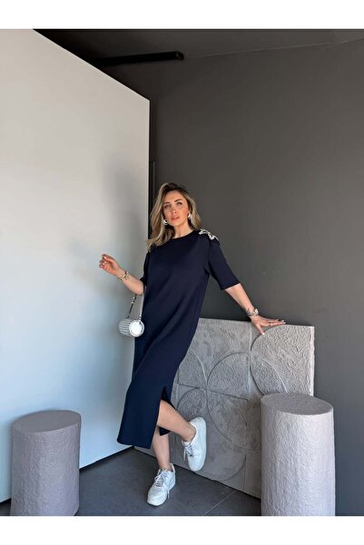 Sep Butik Navy blue modal dress with star-studded shoulder details