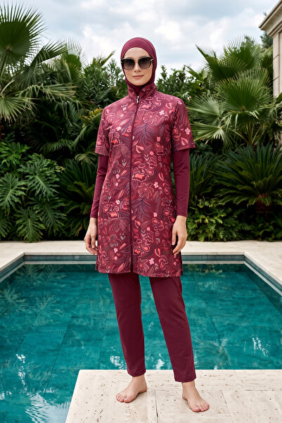 Haliç Mayo Parachute Floral Patterned Fully Covered Hijab Swimsuit 803 Claret...