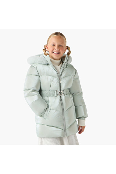 Juniors Belted Puffer Jacket with Hood and Zip Closure