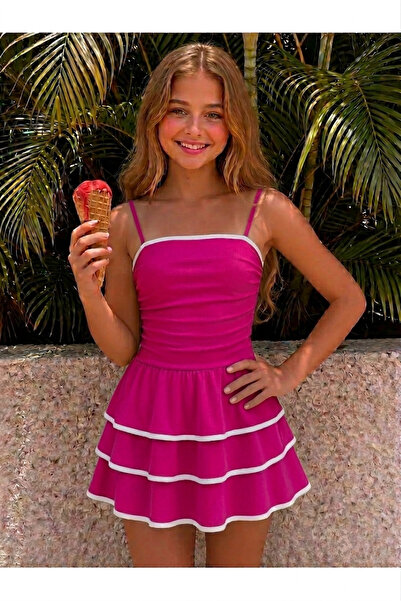 Machetta Girl's White Ruffle Dress with Piping Detail and Rope Straps