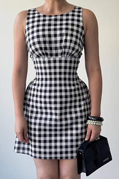 Femistik Women's Yujas Tie-Waist Plaid Poplin Casual Stylish Summer Mini Dress