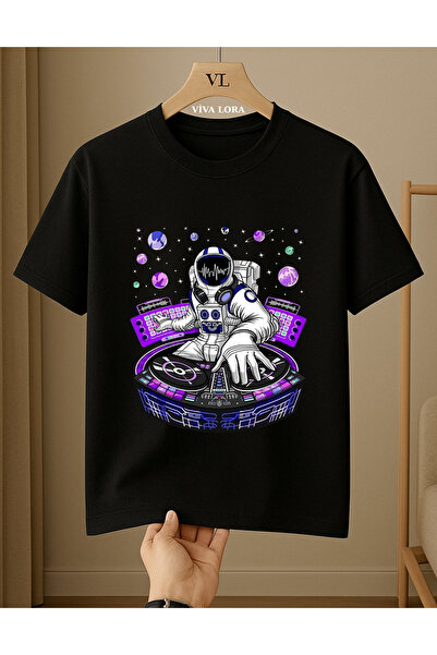 VİVA LORA Astronaut Dj Printed Unisex 100% Cotton Regular T-Shirt with Crew Neck