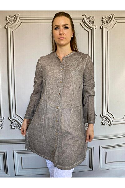AGORATEKSTİL Women's Washed Cotton Fabric Long Sleeve Mother's Stone Tunic 40/48