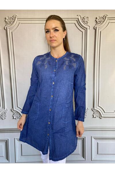 AGORATEKSTİL Women's Washed Cotton Fabric Long Sleeve Mother's Stone Tunic 40/48