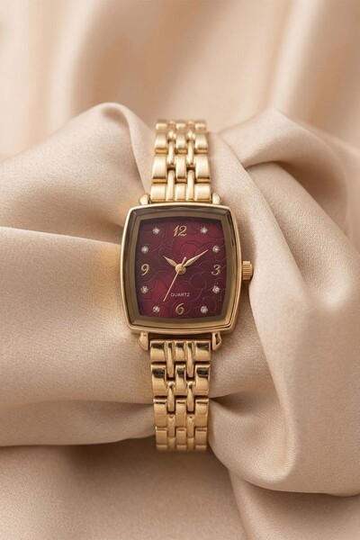 GANYMET Snies Women's Gold Steel Band Claret Red Dial Rectangular Oval Case E...