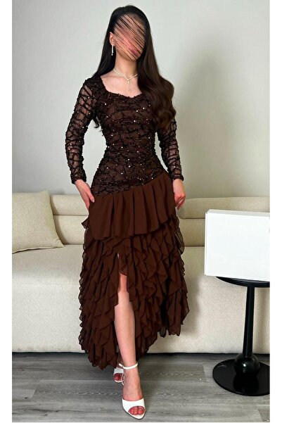 XMAX Soft Brown Dress with Sequin Bodice